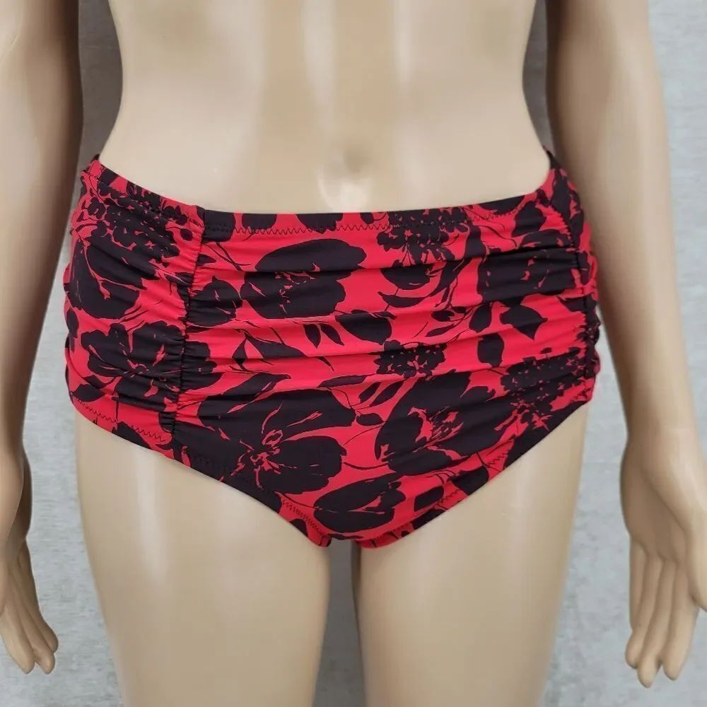 Jantzen Vintage 90s Red and Black Floral Bikini Set Swimsuit Ruched - Picture 2 of 16